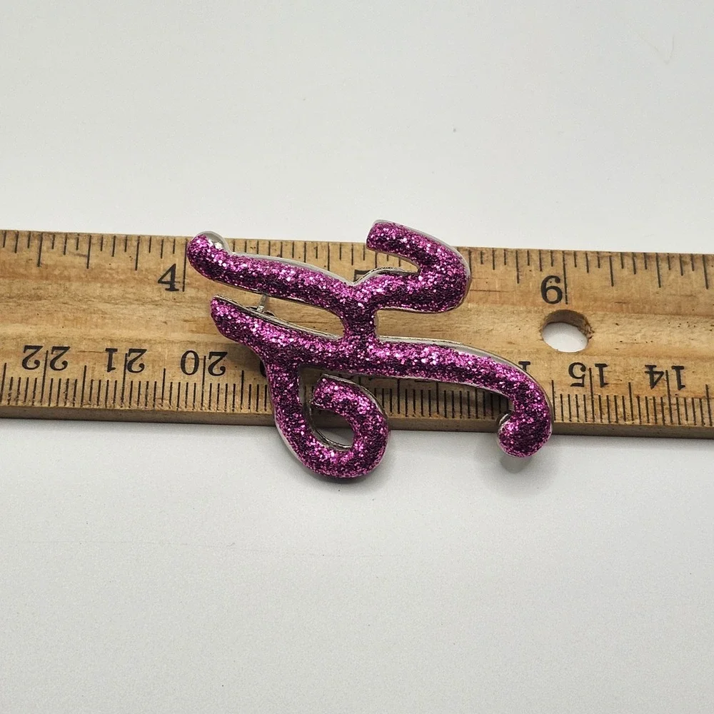 Pink Glitter Initial Letter H‎ Brooch Pin Silver Tone Metal Script Font Jewelry